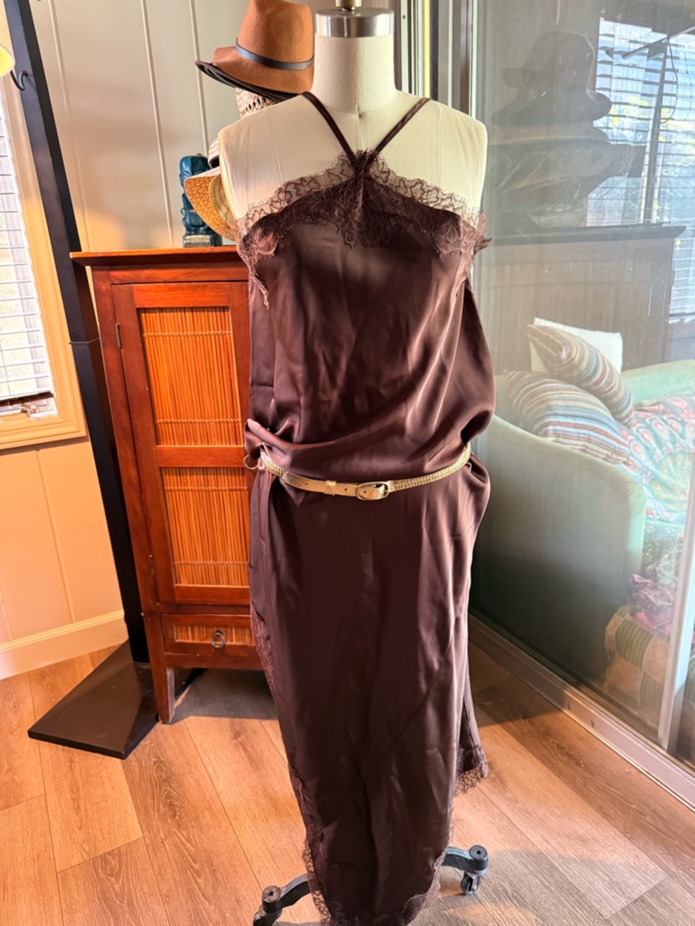 Commense Brown Asymmetrical Slip Dress with Lace Trim